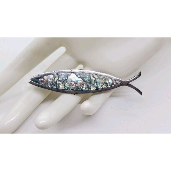 Mexico Brooch Taxco Sterling Silver & Abalone Inlay Fish Deep Sea Signed - Picture 1 of 14